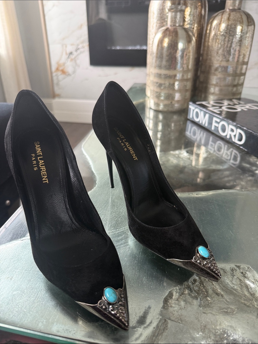 Saint Laurent Black Cashmere Pointed Toe Pump with Turquoise Accent Stone - Picture 5 of 12